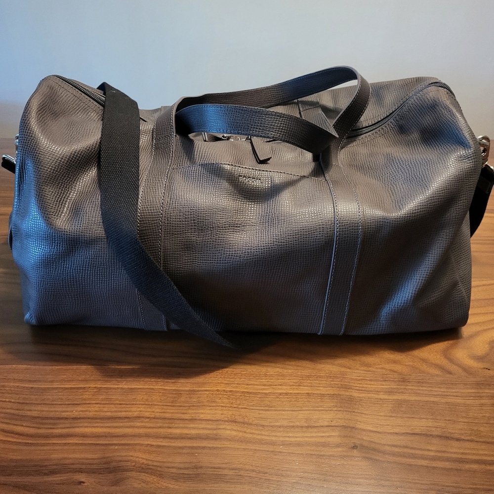 Fossil Embossed Gray Leather Duffel Bag